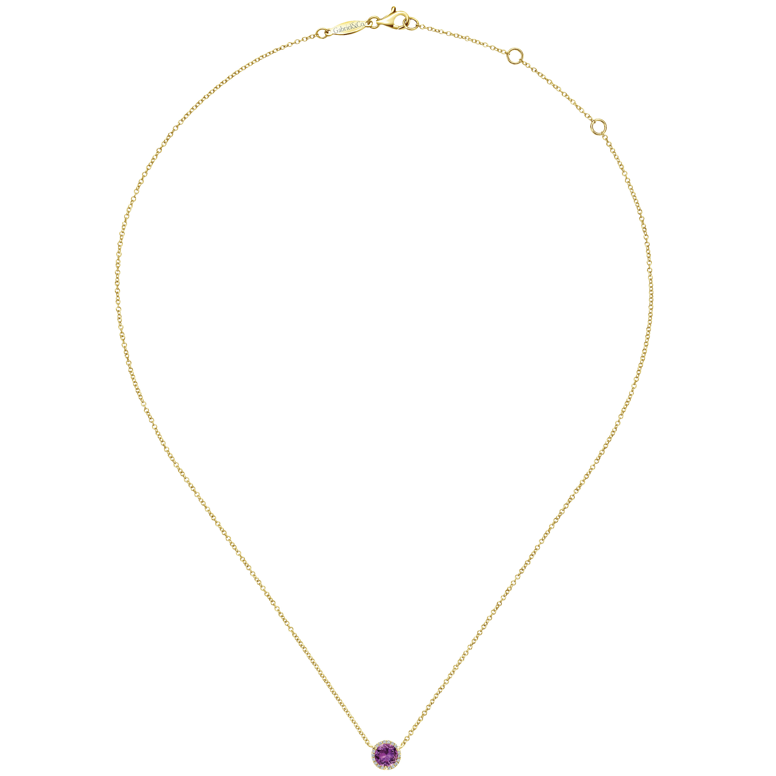 14K Yellow Gold Round Amethyst and Diamond Halo Pendant Necklace