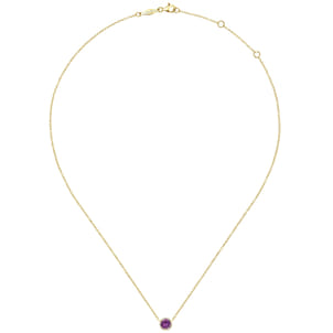 14K Yellow Gold Round Amethyst and Diamond Halo Pendant Necklace