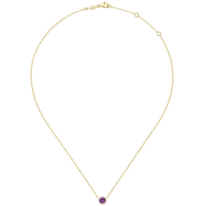 14K Yellow Gold Round Amethyst and Diamond Halo Pendant Necklace