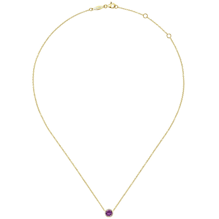 14K Yellow Gold Round Amethyst and Diamond Halo Pendant Necklace