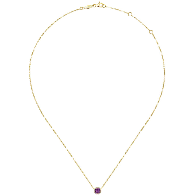 14K Yellow Gold Round Amethyst and Diamond Halo Pendant Necklace - 0.07 ct - Shot 2