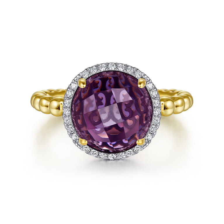 14K Yellow Gold Round Amethyst and Diamond Halo Ring - 0.14 ct - Shot 1