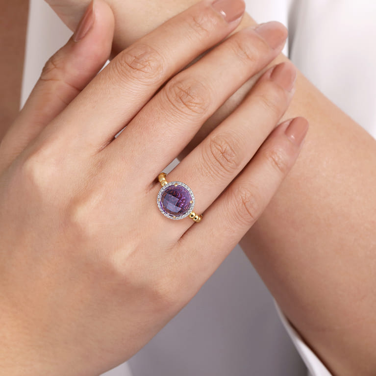 14K Yellow Gold Round Amethyst and Diamond Halo Ring - 0.14 ct - Shot 5