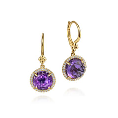 14K Yellow Gold Round Amethysts with Diamond Halo Earrings