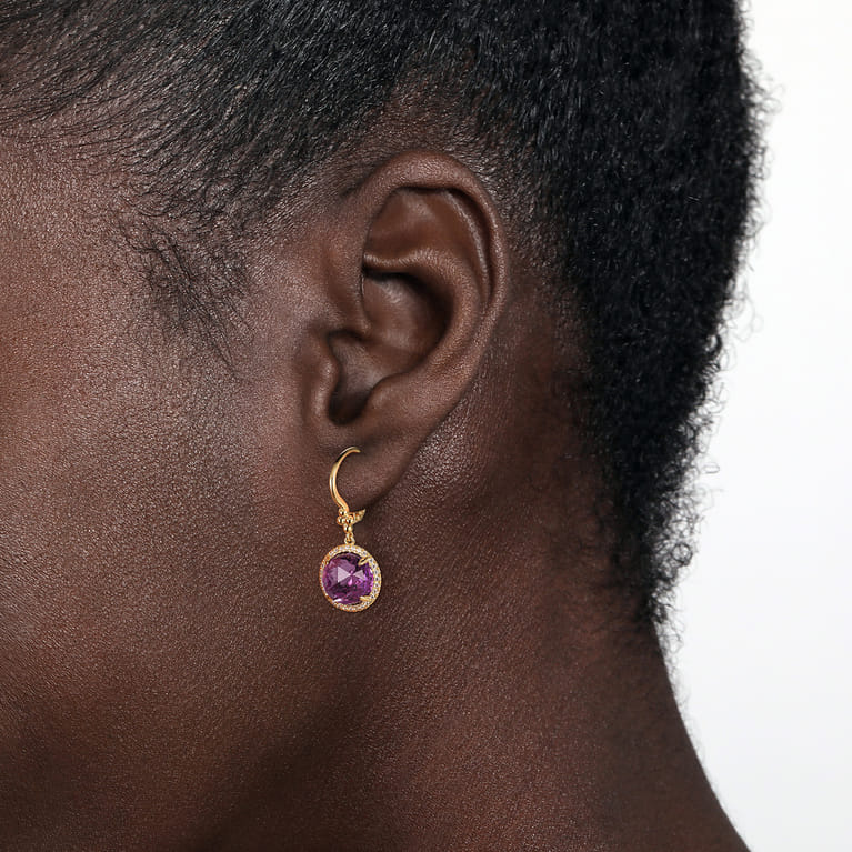 14K Yellow Gold Round Amethysts with Diamond Halo Earrings - 0.3 ct - Shot 2
