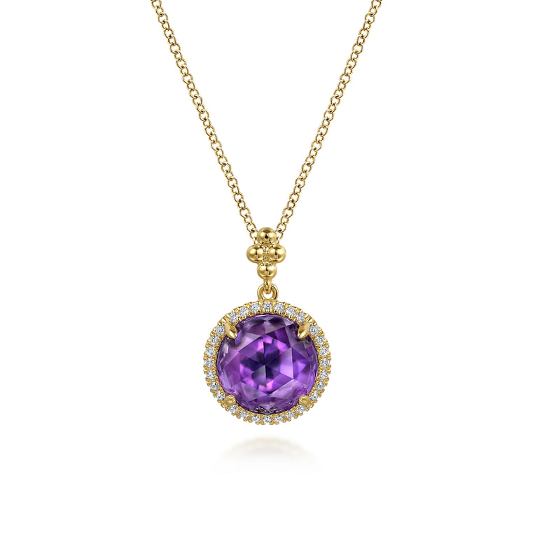 14K Yellow Gold Round Amethysts with Diamond Halo Necklace - 0.14 ct - Shot 1