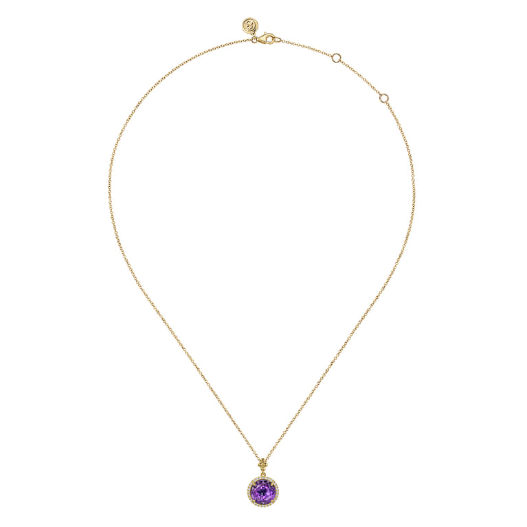 14K Yellow Gold Round Amethysts with Diamond Halo Necklace - 0.14 ct - Shot 2