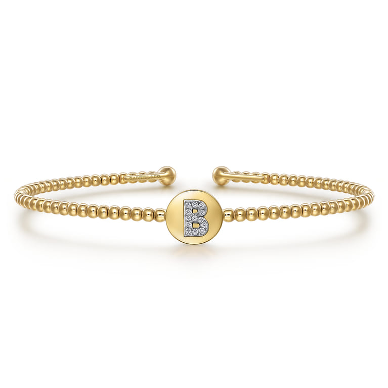 14K Yellow Gold Round B Initial Diamond Bujukan Cuff Bracelet - 0.05 ct - Shot 1