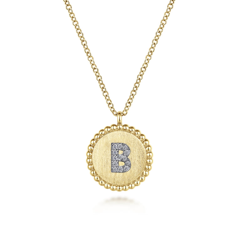 14K Yellow Gold Round B Initial Pendant Necklace with Diamonds - 0.05 ct - Shot 1