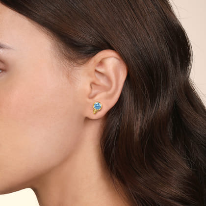14K Yellow Gold Round Bezel London Blue Topaz Stud Earrings
