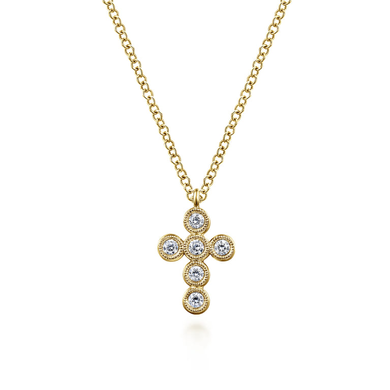 14K Yellow Gold Round Bezel Set Diamond Cross Pendant Necklace - 0.1 ct - Shot 1
