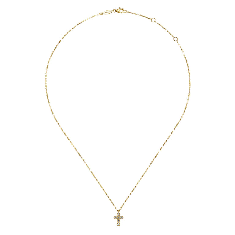 14K Yellow Gold Round Bezel Set Diamond Cross Pendant Necklace - 0.1 ct - Shot 2