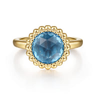 14K Yellow Gold Round Blue Topaz Bezel Set Ring with Bujukan Bead Halo