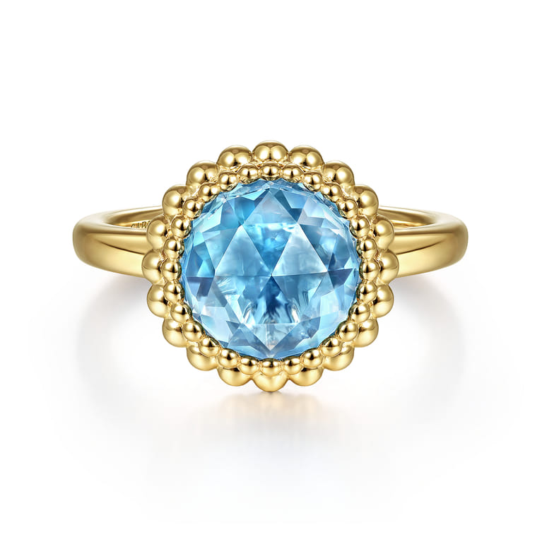 14K Yellow Gold Round Blue Topaz Bezel Set Ring with Bujukan Bead Halo - Shot 1