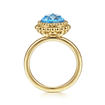 14K Yellow Gold Round Blue Topaz Bezel Set Ring with Bujukan Bead Halo