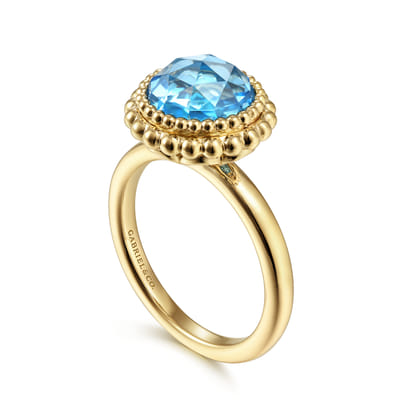14K Yellow Gold Round Blue Topaz Bezel Set Ring with Bujukan Bead Halo