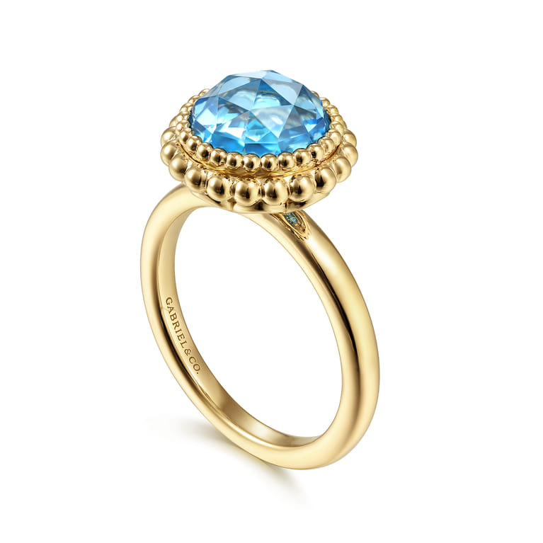 14K Yellow Gold Round Blue Topaz Bezel Set Ring with Bujukan Bead Halo - Shot 3