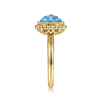 14K Yellow Gold Round Blue Topaz Bezel Set Ring with Bujukan Bead Halo