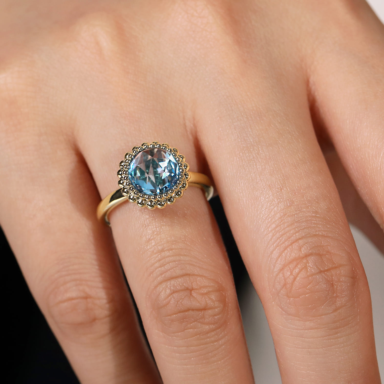 14K Yellow Gold Round Blue Topaz Bezel Set Ring with Bujukan Bead Halo - Shot 5