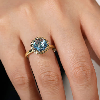 14K Yellow Gold Round Blue Topaz Bezel Set Ring with Bujukan Bead Halo