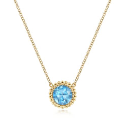14K Yellow Gold Round Blue Topaz Pendant Necklace with Bujukan Bead Halo