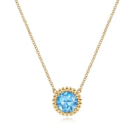 14K Yellow Gold Round Blue Topaz Pendant Necklace with Bujukan Bead Halo