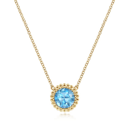 14K Yellow Gold Round Blue Topaz Pendant Necklace with Bujukan Bead Halo