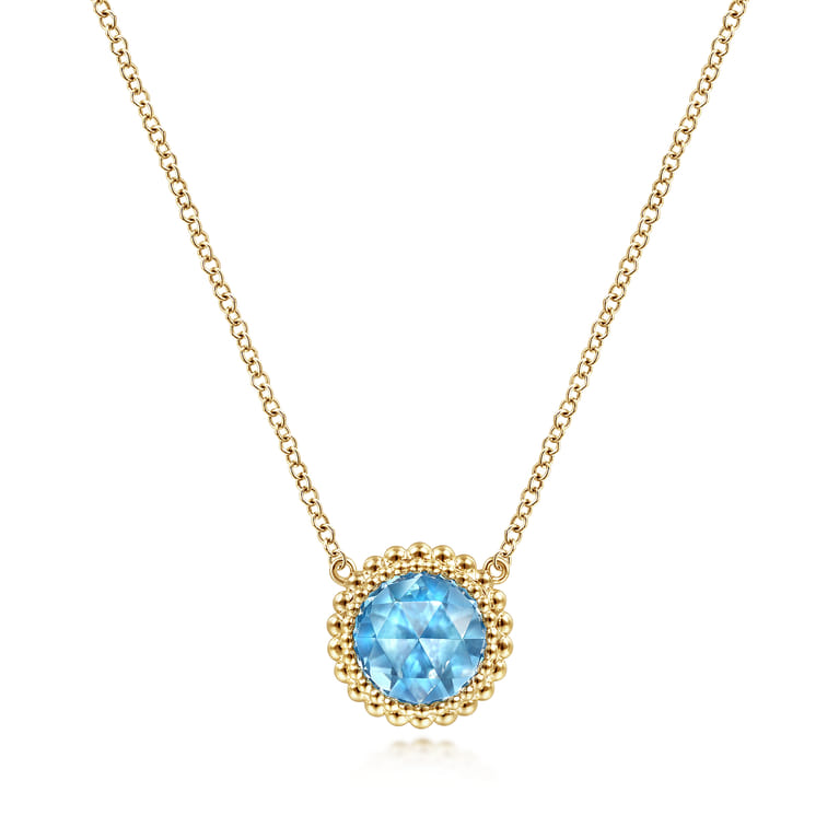 14K Yellow Gold Round Blue Topaz Pendant Necklace with Bujukan Bead Halo - Shot 1