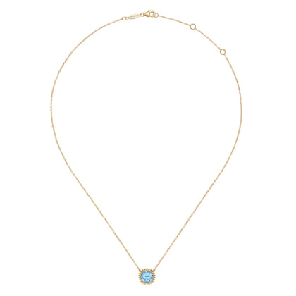 14K Yellow Gold Round Blue Topaz Pendant Necklace with Bujukan Bead Halo