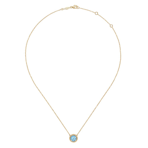 14K Yellow Gold Round Blue Topaz Pendant Necklace with Bujukan Bead Halo - Shot 2