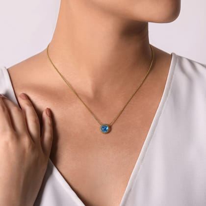 14K Yellow Gold Round Blue Topaz Pendant Necklace with Bujukan Bead Halo