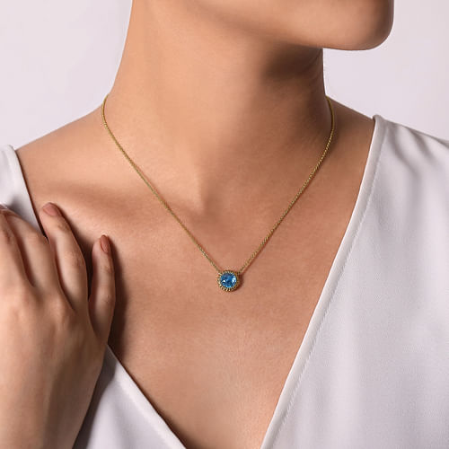 14K Yellow Gold Round Blue Topaz Pendant Necklace with Bujukan Bead Halo - Shot 3
