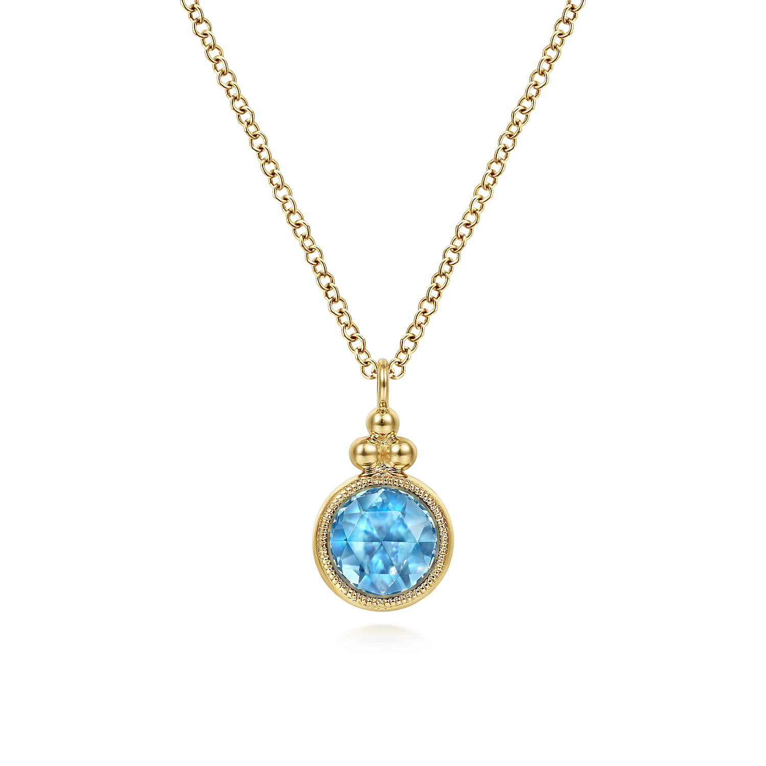 14K Yellow Gold Round Blue Topaz Pendant Necklace - Shot 1