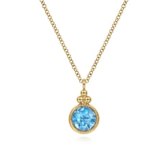 14K Yellow Gold Round Blue Topaz Pendant Necklace