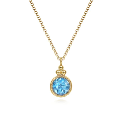 14K Yellow Gold Round Blue Topaz Pendant Necklace