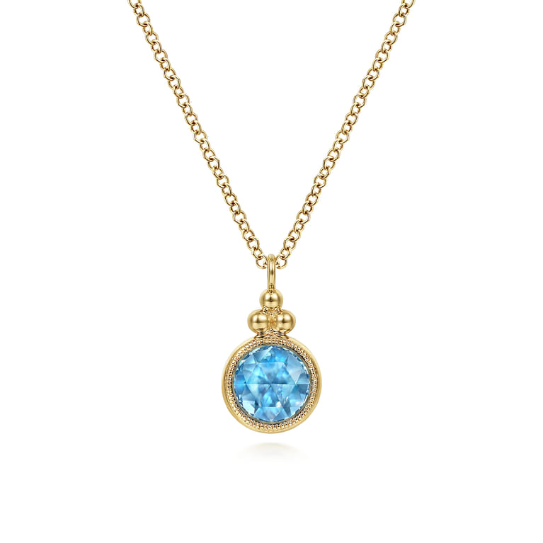 14K Yellow Gold Round Blue Topaz Pendant Necklace - Shot 1