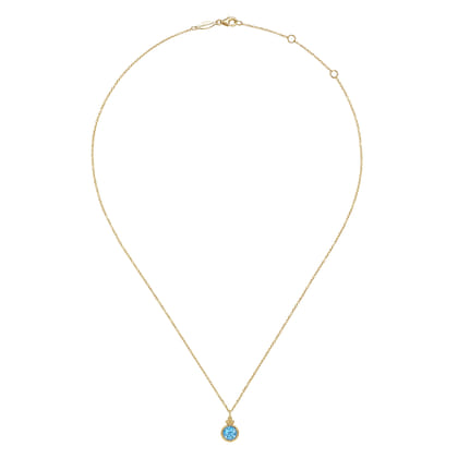 14K Yellow Gold Round Blue Topaz Pendant Necklace
