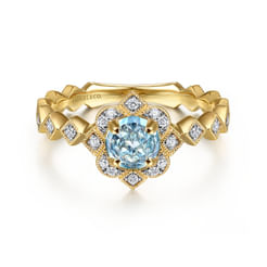 14K Yellow Gold Round Blue Topaz and Diamond Halo Ring