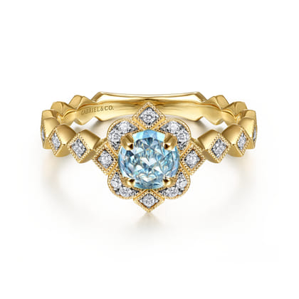14K Yellow Gold Round Blue Topaz and Diamond Halo Ring