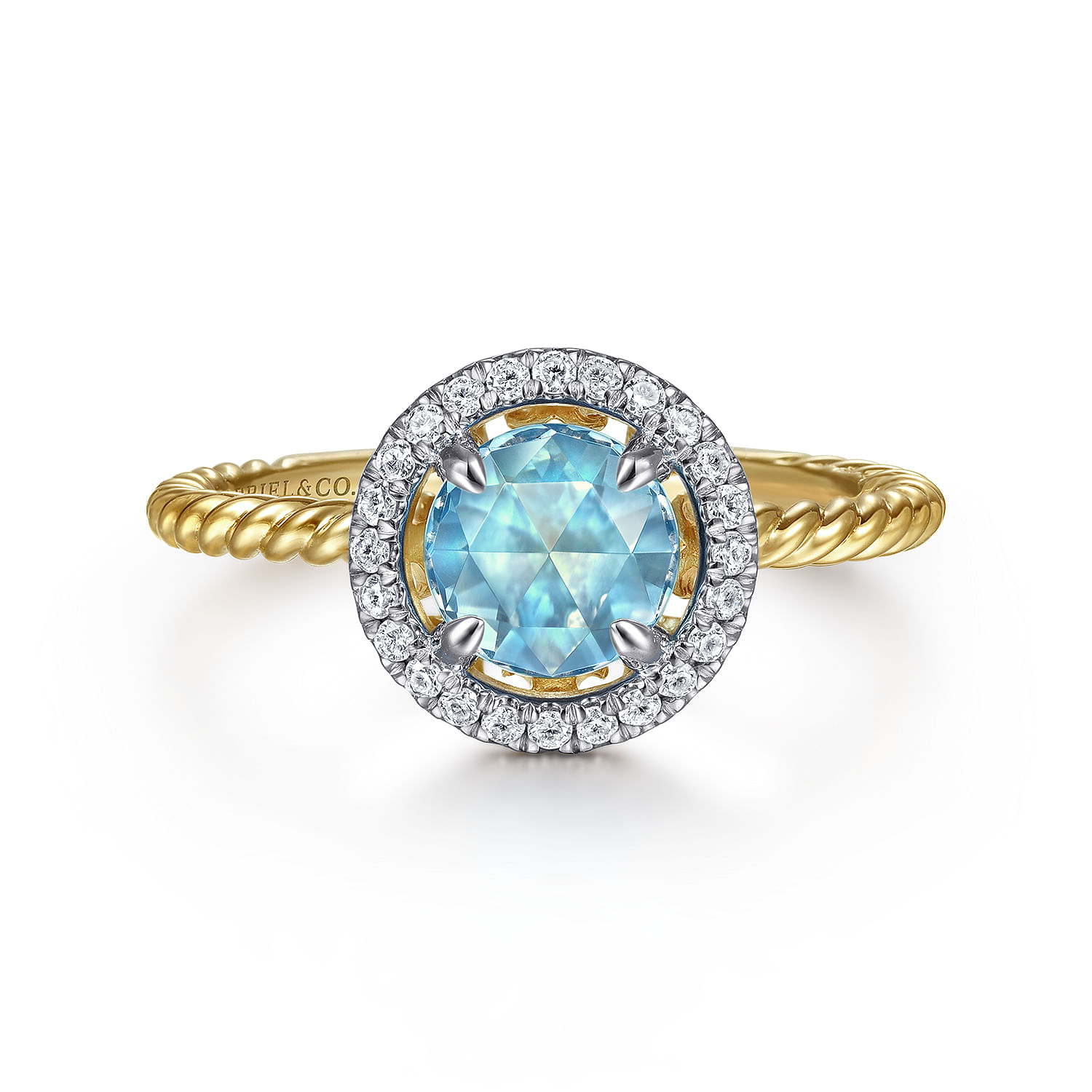 14K Yellow Gold Round Blue Topaz and Floating Diamond Halo Ring - 0.12 ct - Shot 1