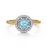 14K Yellow Gold Round Blue Topaz and Floating Diamond Halo Ring - 0.12 ct