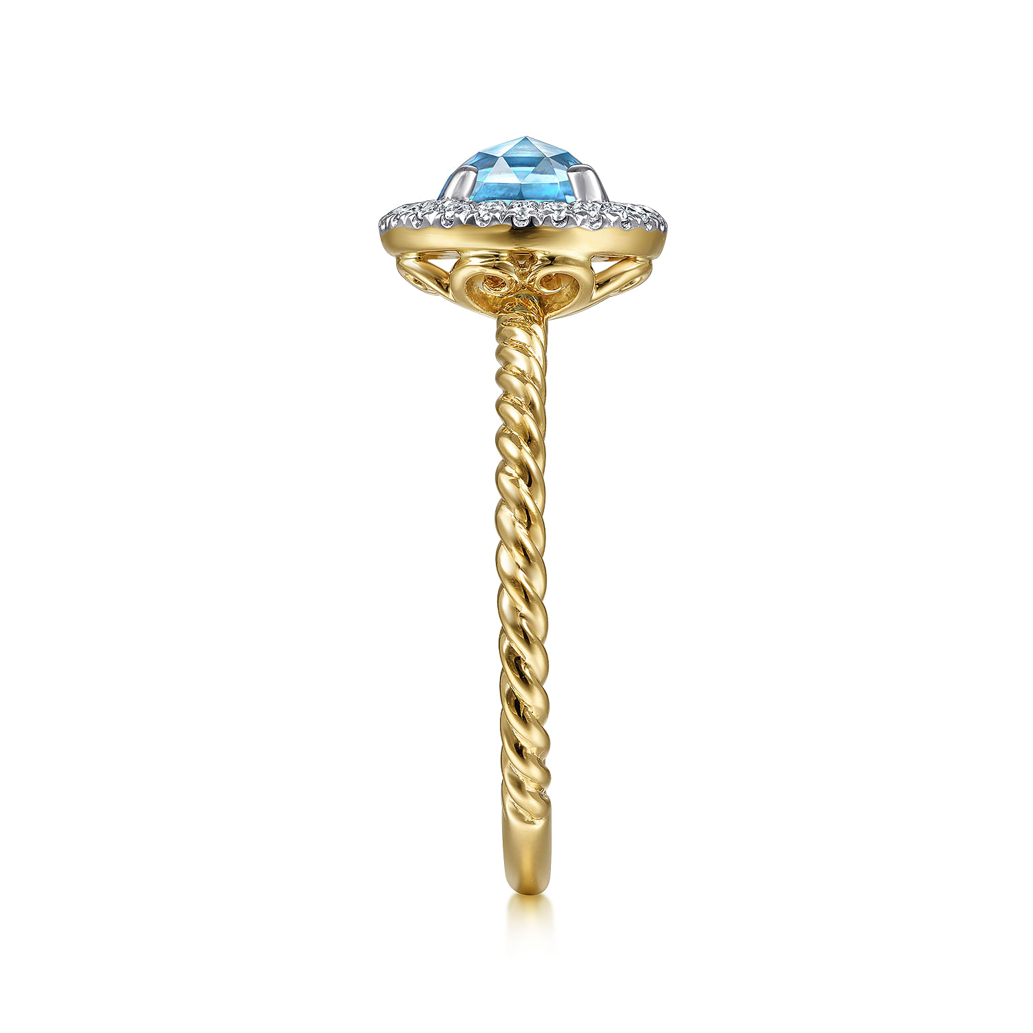 14K Yellow Gold Round Blue Topaz and Floating Diamond Halo Ring - 0.12 ct - Shot 4