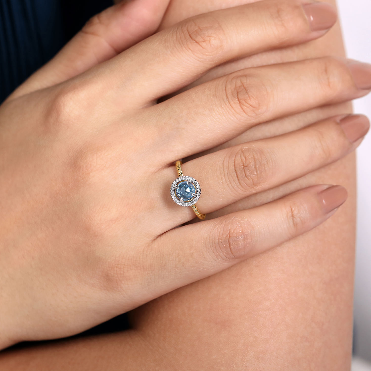 14K Yellow Gold Round Blue Topaz and Floating Diamond Halo Ring - 0.12 ct - Shot 5