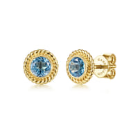 14K Yellow Gold Round Blue Topaz and Twisted Rope Frame Stud Earrings
