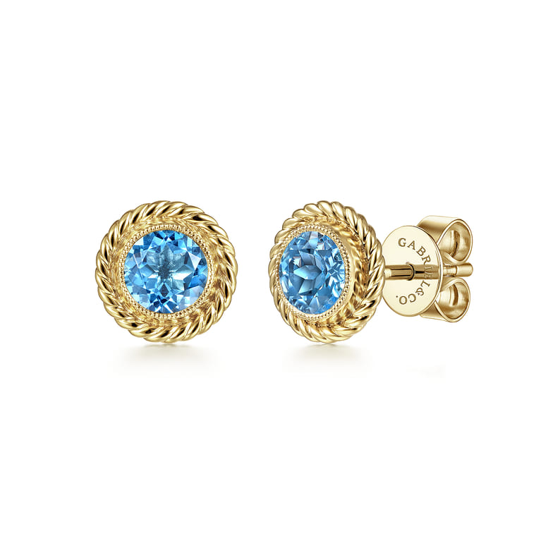 14K Yellow Gold Round Blue Topaz and Twisted Rope Frame Stud Earrings - Shot 1