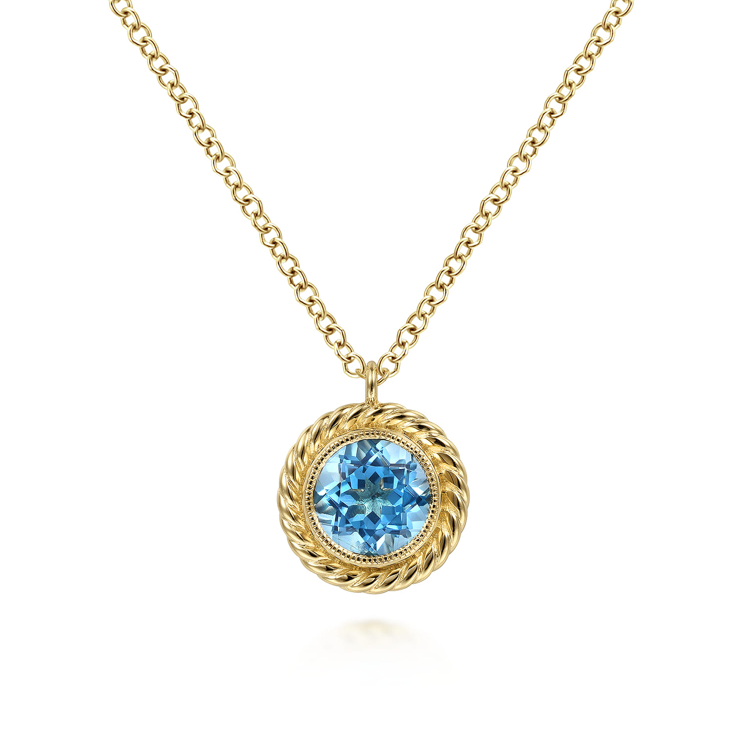 14K Yellow Gold Round Blue Topaz and Twisted Rope Pendant Necklace - Shot 1