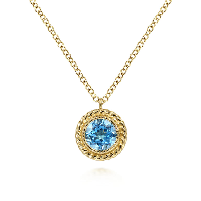 14K Yellow Gold Round Blue Topaz and Twisted Rope Pendant Necklace - Shot 1
