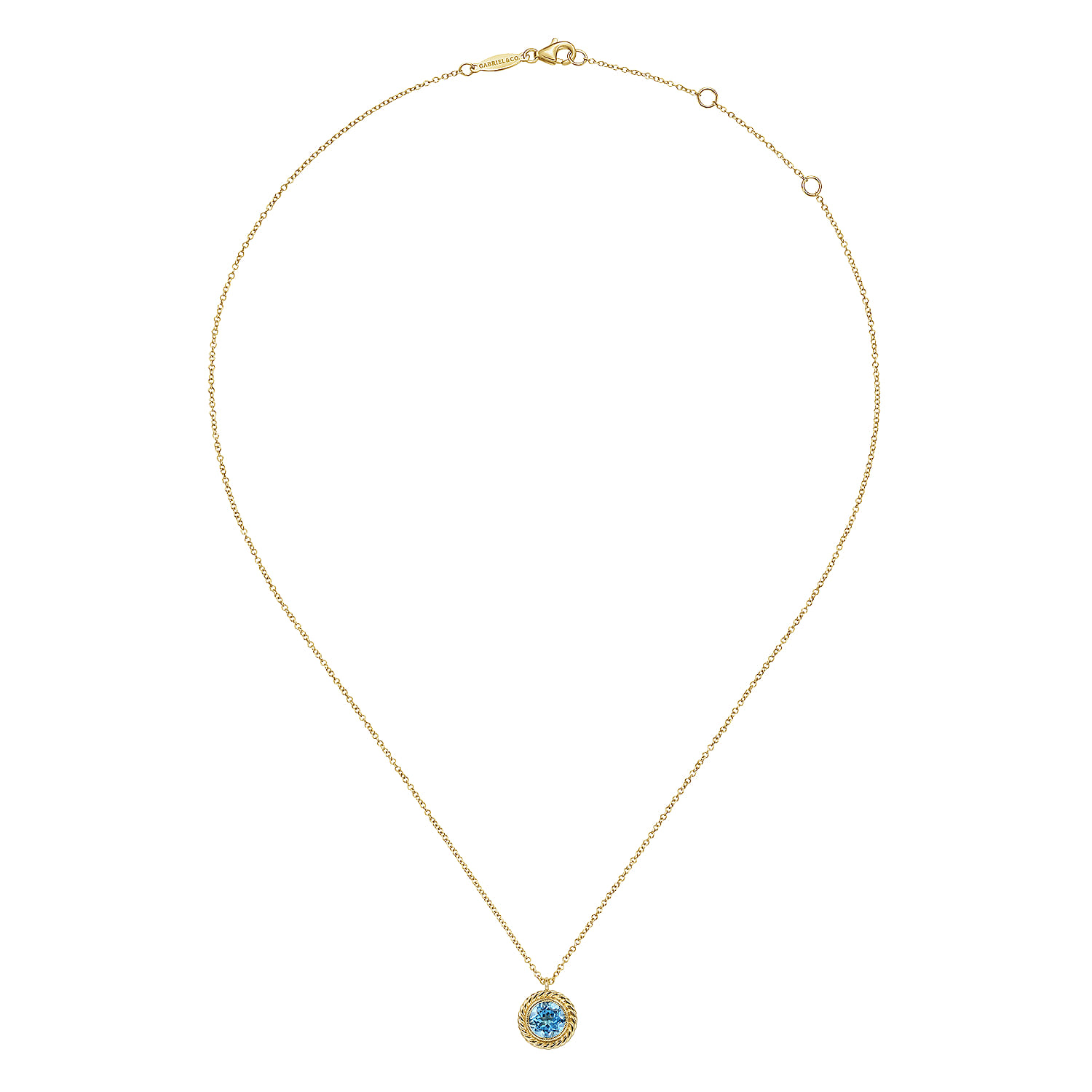 14K Yellow Gold Round Blue Topaz and Twisted Rope Pendant Necklace - Shot 2