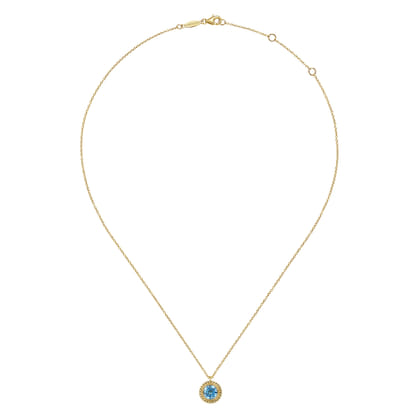 14K Yellow Gold Round Blue Topaz and Twisted Rope Pendant Necklace