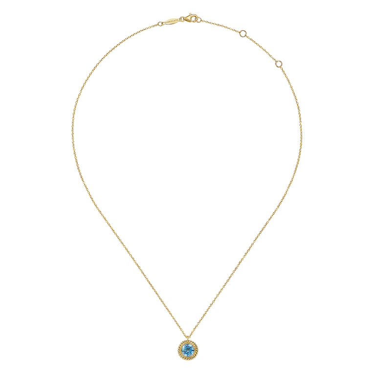 14K Yellow Gold Round Blue Topaz and Twisted Rope Pendant Necklace - Shot 2